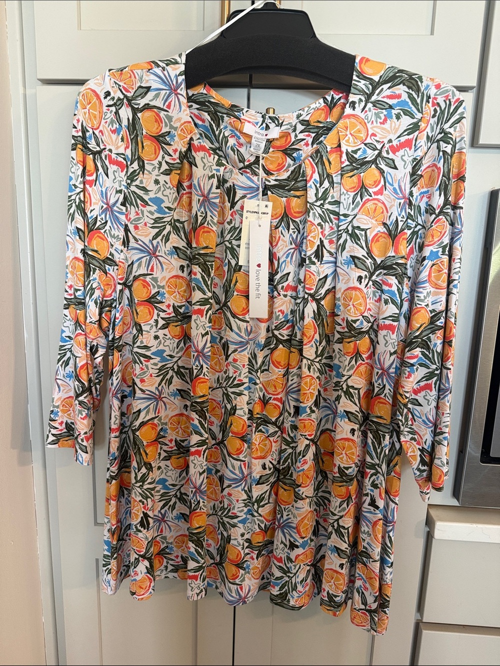 Intro Women’s Plus 2X Multicolor Floral Fruit V-Neck 3/4 Sleeve Tunic Top NWT